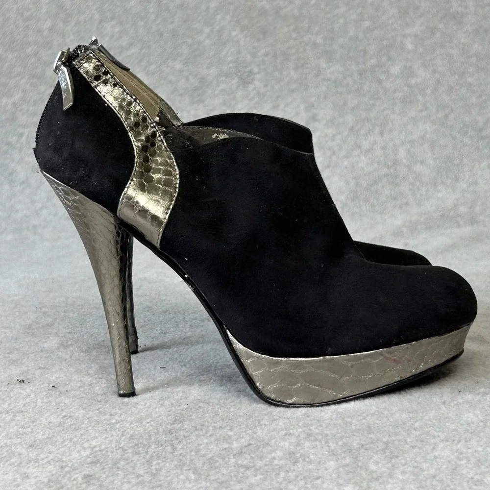 Vintage Guess Black Suede Ankle Boots Silver Metallic Trim Platform Heels 8M 90s